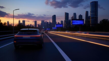 Night Drive Through Cityscape, Futuristic Highway