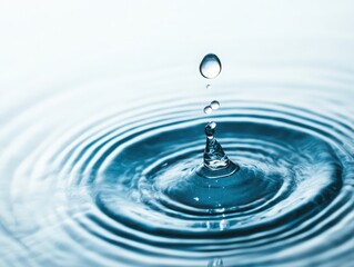 A close-up of a water droplet creating ripples in a serene blue environment, symbolizing tranquility and the beauty of nature.