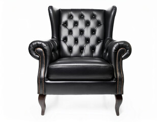 front view of black empty comfortable club chair with black smooth leather upholstery decorated button tufted backrest and rolled arms luxurious retro style armchair isolated on white background