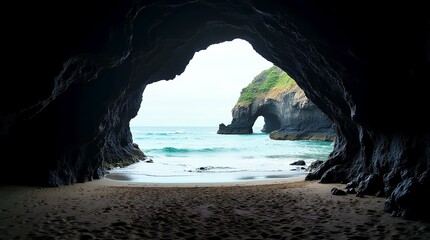 Natural arch-cave of a stone cave overlooking the azure sea and sandy shore.