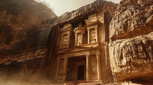 A mystical temple carved into the side of a mountain, glowing inscriptions on stone walls, and an ancient, sacred aura.