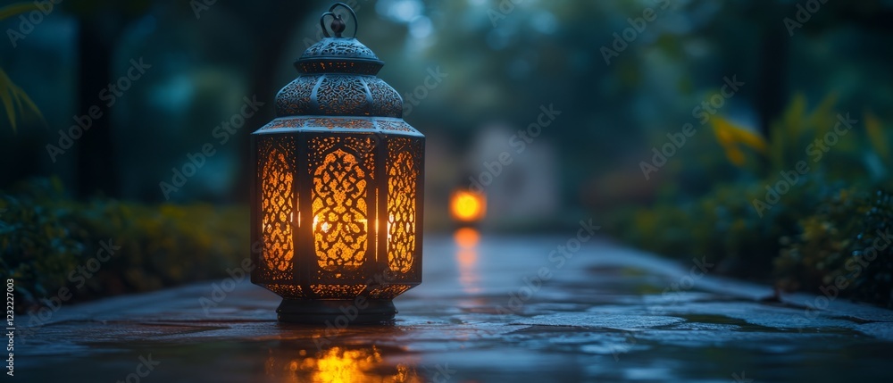 Poster a glowing moroccan lantern sits on a wet stone path at dusk, creating a serene and mystical atmosphe