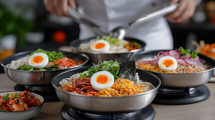  chef preparing ramen with fresh toppings