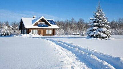 Sleek house featuring solar panels sits amidst a snowy setting at dusk, showcasing modern design and eco-friendly living