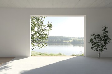 3D rendered Scandinavian interior design displays a white living room with a sofa, complemented by a picturesque winter view through the window.