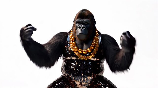 Cool Gorilla in a Shiny Gold Outfit and Gold Necklace Dances Against a White Background