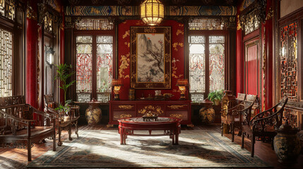 “Whispers of Tradition: Red Pavilion Interior”