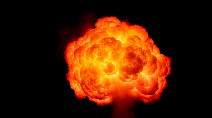 Dramatic explosion with bright orange and yellow flames, dense smoke clouds, isolated on black background, overlay, graphic design, special effect