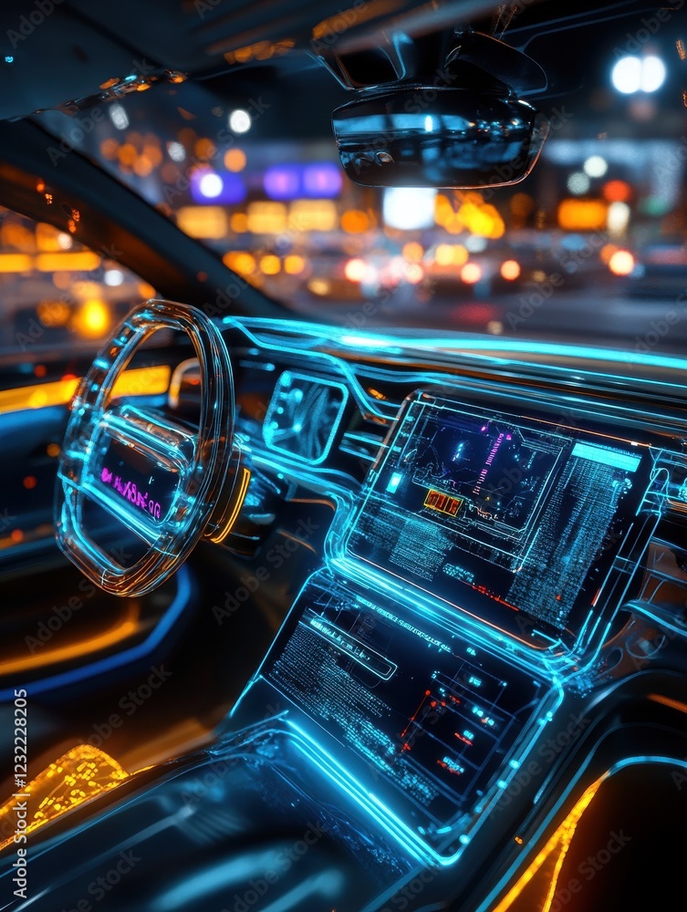 Aufkleber car interior with digital ai interface. artificial intelligence and vehicle concept. 3d rendering.
