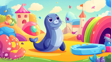 Naklejka premium Play room cartoon banner with cute kids toys seal and horse on funny wallpaper background. Invitation flyer to kindergarten, baby nursery day care center, child recreation area, Vector illustration