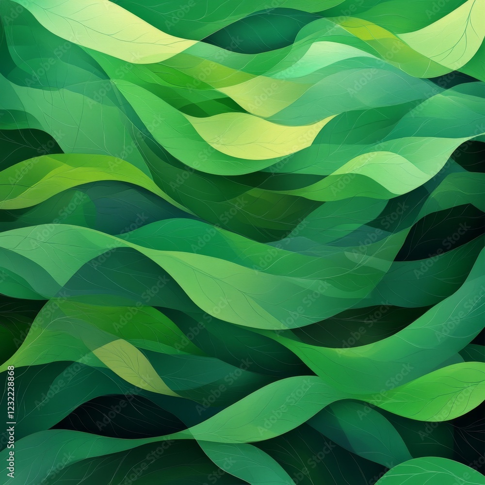 Poster vibrant abstract green leaf patterns in flowing layered design