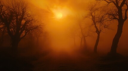 Fototapeta premium Fiery orange fog rolling over a deep black Halloween background, creating a spooky ambiance.