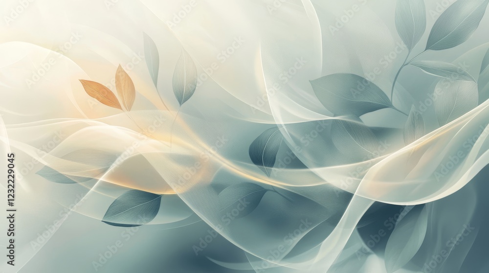 Poster serene abstract background with leaves and soft flowing layers
