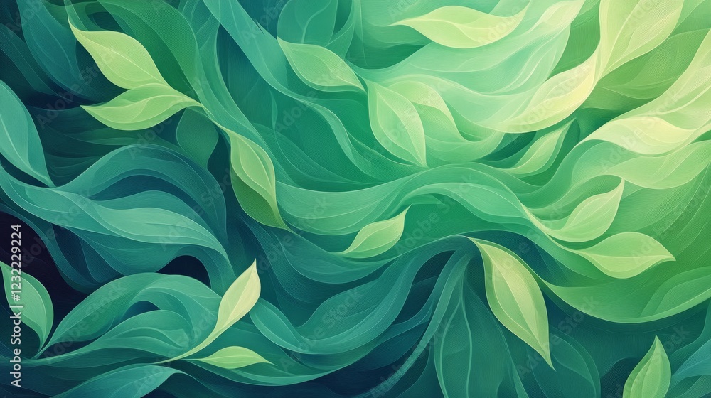 Poster flowing green leaves pattern with soft gradient background