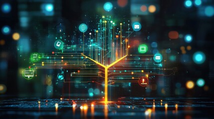 Obraz premium Digital Tree of Connections Representing Technology and Communication with Colorful Icons and Data Flow