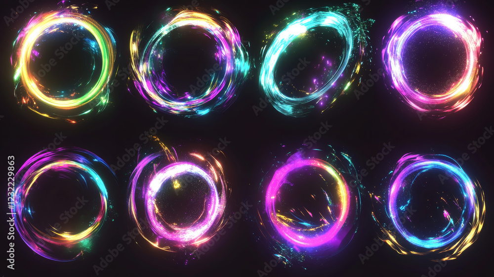 Poster optical halo flares with neon light vector effect set isolated on transparent background. circle len