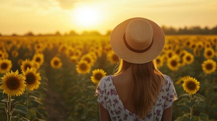 Fototapeta premium Young woman in hat gazes at vibrant sunflower field during sunset with old millet in view