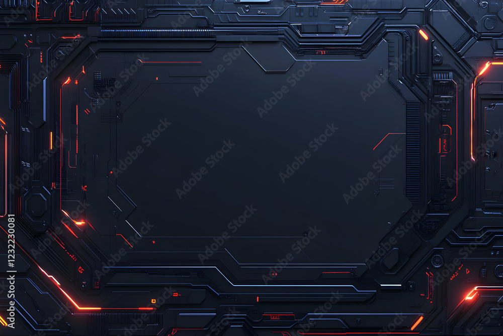 Poster abstract dark tech background image, featuring glowing orange circuits on a dark metallic surface. p