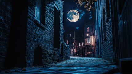 Spooky dark alley lit by a glowing full moon, eerie shadows cast on old brick walls.