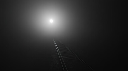 Spooky, fog-covered railway tracks disappearing into darkness, eerie Halloween glow barely visible.