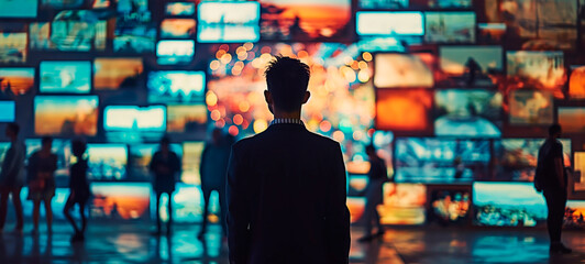 A young businessman in a black suit stands in front of multiple illuminated screens displaying various global scenes. Concept of digital media influence, modern information overload.