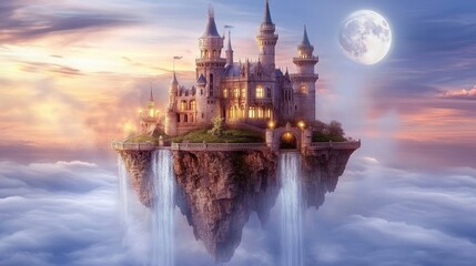 Fototapeta premium A breathtaking enchanted castle surrounded by mist, with sparkling waterfalls cascading from the cliffs and a glowing moon in the sky.
