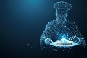 Vector illustration of a chef using AI-powered smart technology in a modern kitchen