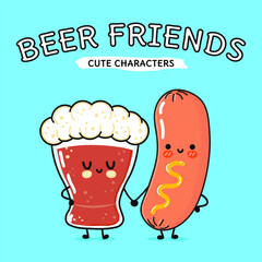 Beer and sausage cartoon friends on light blue background. Vector hand drawn cartoon kawaii characters, illustration icon. Funny cartoon glass of beer and sausage mascot character concept