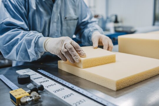 Foam Production Quality Check. Close-up of a gloved technician examining polystyrene foam in a cleanroom environment. Rulers and gauges suggest precise quality control during foam manufacturing. 