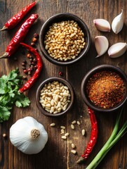 food, culinary and eating concept - bowls with different spices, onion, garlic with pine nuts and red hot chili pepper on wooden table
