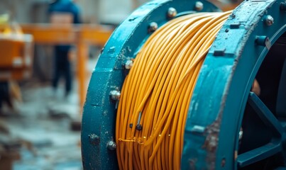 Yellow cable spooled on a teal industrial reel.