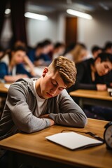 Fototapeta premium Exhausted college student caught napping at desk during university lecture, overwhelmed by heavy workload and sleep deprivation
