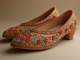 Obraz premium Elegant Embroidered Shoes with Intricate Floral Details on a Neutral Background