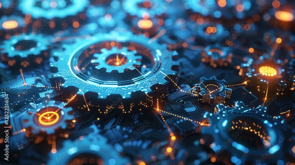 Poster gears and electronic circuits are intricately positioned, glowing in vivid blue and orange hues, cre
