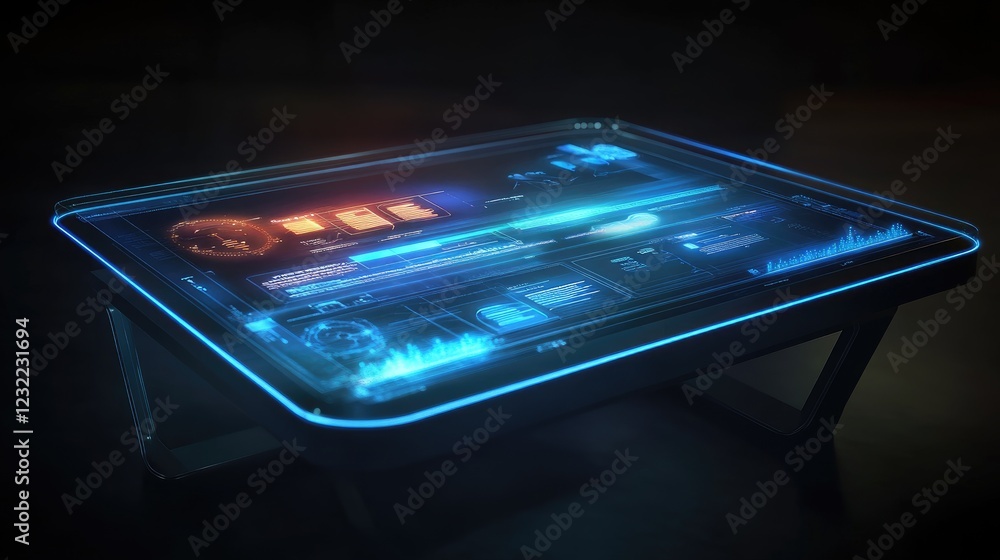 Poster a d holographic display projecting data on a high-tech blue-lit background.