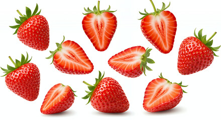 Set of flying strawberries some of the berries , isolated on a white background .