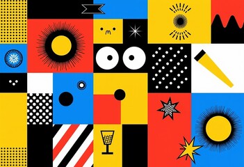 Vibrant Comic Book Pop Art: Bold Primary Colors, Geometric Shapes, Cartoon Illustrations, Grid Layout, Black and White Accents, Sharp Outlines, Flat Saturated Colors, Graphic Style, Bold Art.
