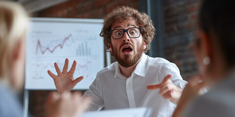 Man Giving Presentation, Gesturing Animatedly, Whiteboard with Graphs