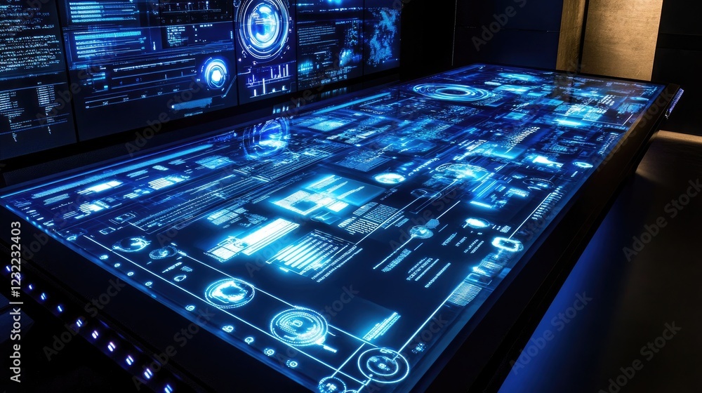 Poster a d holographic display projecting data on a high-tech blue-lit background.