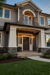 Luxury House Exterior at Dusk: Captivating Stone Facade and Landscaped Lawn