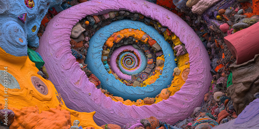 Poster multicolored spiral structure with textured layers and objects