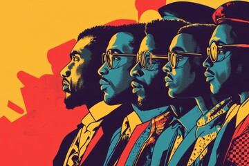Stylish Portrait Of Four Young Men In Profile, Depicted In A Vibrant, Retro-Inspired Graphic Style.  The Bold Colors And Composition Evoke A Sense Of Camaraderie And Shared Purpose.