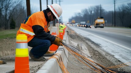 Fototapeta premium Worker installing cables beside roadway.