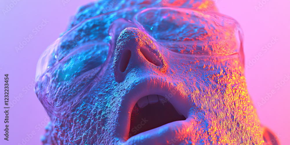 Poster digital render of textured face with glasses under bi-color lighting