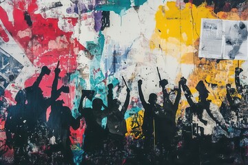urban protest scene rendered in spray paint and torn newspaper aesthetic, bold colors, layered typography, street art texture, political imagery