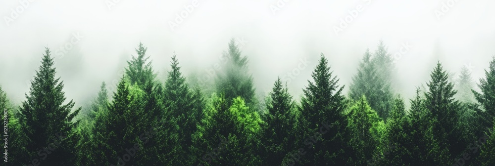 Poster low lying fog enveloping a lush evergreen forest creates a captivating and mysterious atmosphere in 