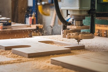 CNC Milling Wood Detail. Close-up of a CNC milling machine precisely cutting grooves into a wood panel. Sawdust is visible, highlighting the cutting process. Industrial woodworking concept.