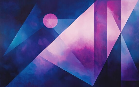 Abstract geometric shapes in shades of blue, purple, and pink over a dark background for graphic design use