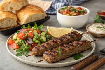 Grilled Meat Skewers with Fresh Salad and Bread