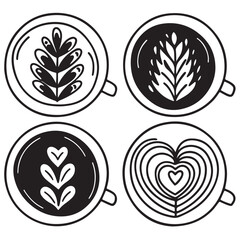 Hot coffee menu. Front view. Latte, cappuccino, americano, espresso, mocha, cocoa. Vector illustration.